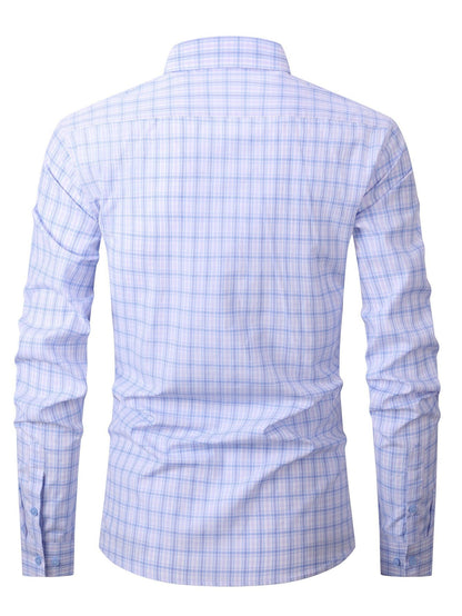 Men's Navy Blue & White Plaid Cotton Long-Sleeve Shirt - product view 26