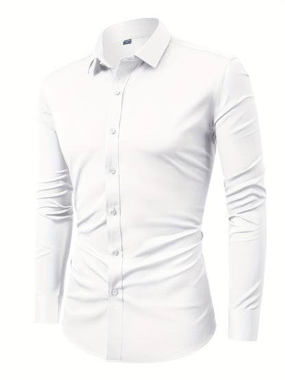 Men'S Long-Sleeve Formal Shirt with a Four-Sided Stretch, Wrinkle-Free Design, Suitable for Business Casual Wear, Ideal for White-Collar Work Environments