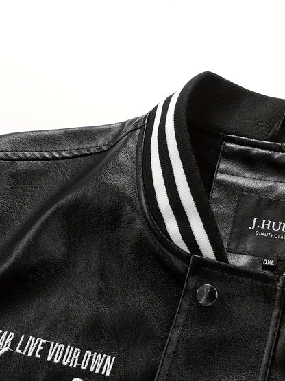 Plus Size Men'S Letter "R" Print PU Jacket for Spring/Autumn, Oversized Punk Raglan Baseball Jacket for Big & Tall Males, Men'S Clothing