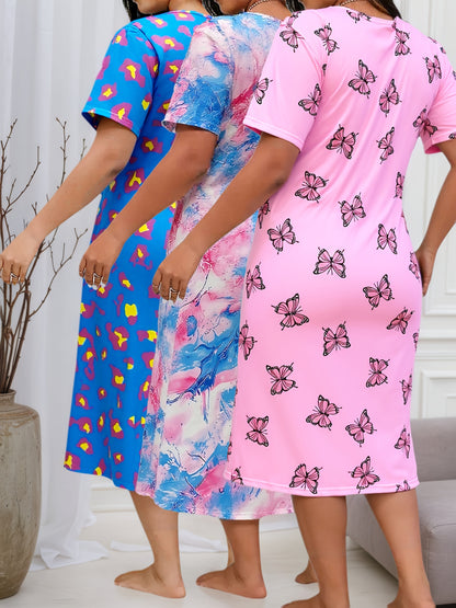 Plus Size Women's 3pcs Short Sleeve Dress, Casual Loose Round Neck Fabric, Color-block Design, Slightly Elastic, Spring Summer Autumn Nightgown Hole, Maternity Dress.