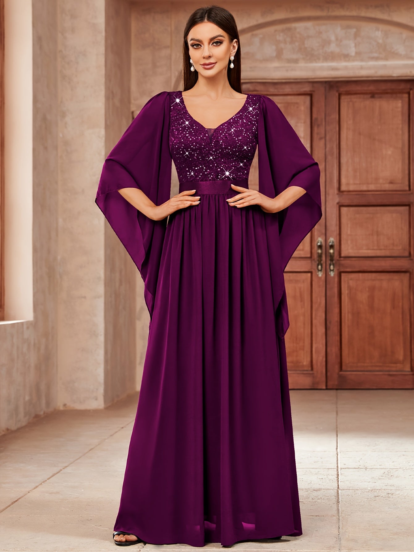 53303 Elegant Women's Lace & Sequin Bridesmaid Dress - A-Line Maxi Wedding Gown with 3/4 Bell Sleeves, V-Neck Color-Block (Bodice &), Machine Washable Bridesmaids Gown for Weddings, Parties, Prom