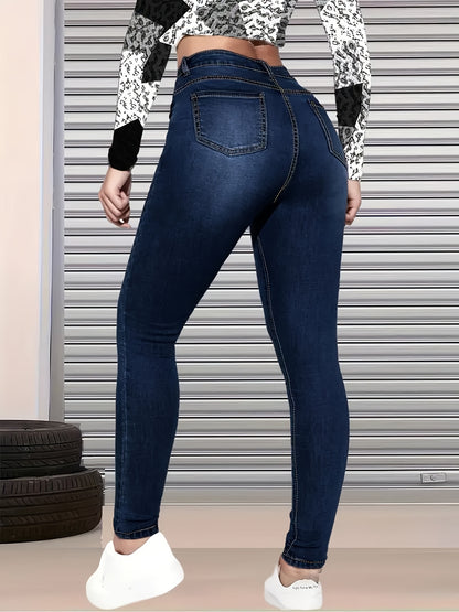 Women's Dark Blue Ripped Skinny Jeans, High Stretch Slim Fit Distressed Denim Pants with Pockets, Casual Streetwear Skinny Denim Trousers for Daily All-Season Wear