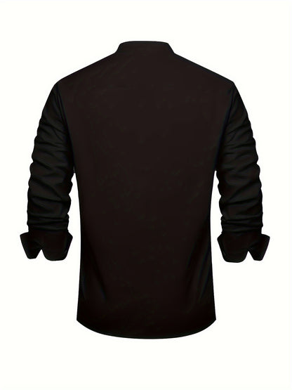 Plus Size Men'S Solid Shirt, Casual Breathable Half Button Cotton Blend Stand Collar Long Sleeve Shirt For Outdoor Activities, Men'S Clothing