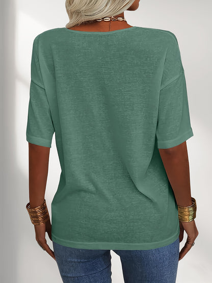 Women Fashion V-Neck Half Sleeves Oversized T Shirt Solid Casual Loose Basic Tops