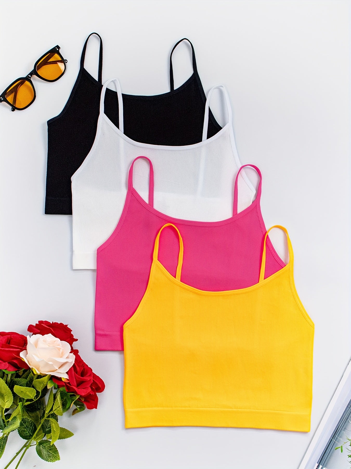 4/8pcs Solid Color Side Stripe Sexy Strapless Women'S Outerwear Camisole Daily Bra&Seamless Stretch Spaghetti Straps Sports & Casual Tank Top Bra Without Steel Ring&Women'S Underwear And Lingerie