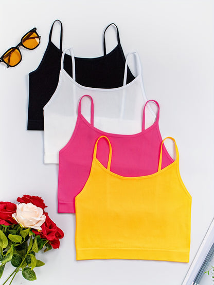 4/8pcs Solid Color Side Stripe Sexy Strapless Women'S Outerwear Camisole Daily Bra&Seamless Stretch Spaghetti Straps Sports & Casual Tank Top Bra Without Steel Ring&Women'S Underwear And Lingerie