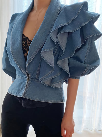 Women'S Washed Light Blue V-Neck Cropped Denim Jacket, Design Sense Ruffled Long Sleeve Waist Cinched Denim Cardigan