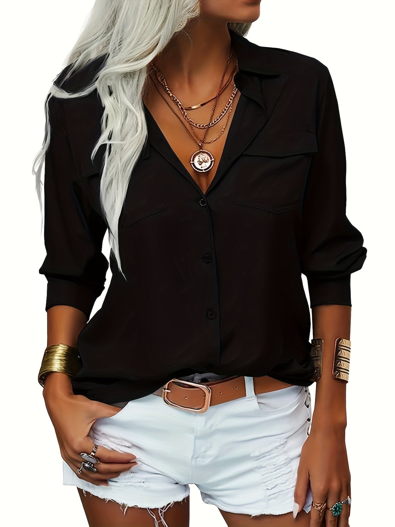 [Women's Slim Fit Lapel Collar Long Sleeve Blouse]-Office Blouses for Women Work, Button Shirt Women, Dressy Casual with Chest Pocket, V Neck Casual Work Blouse Top, Solid Color Roll-Up Cuffs, Spring/Fall Wear, 2025 Trendy