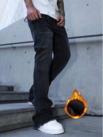 [HME] New Thickened Men'S Jeans for Autumn And Winter, with Inner Fleece for Strong Warmth Retention, Mid-Waist Elastic And Form-Fitting Flared Pants, Retro Washed And Naturally Polished White, Fashionable Men'S Denim Trousers for Warm Winter Wear