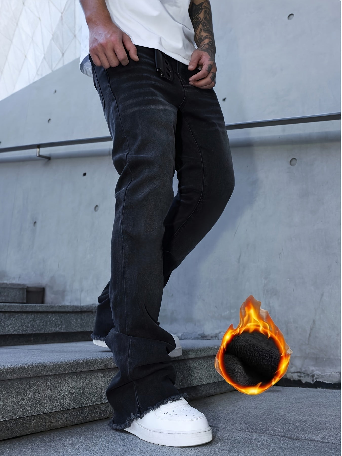 [HME] New Thickened Men'S Jeans for Autumn And Winter, with Inner Fleece for Strong Warmth Retention, Mid-Waist Elastic And Form-Fitting Flared Pants, Retro Washed And Naturally Polished White, Fashionable Men'S Denim Trousers for Warm Winter Wear