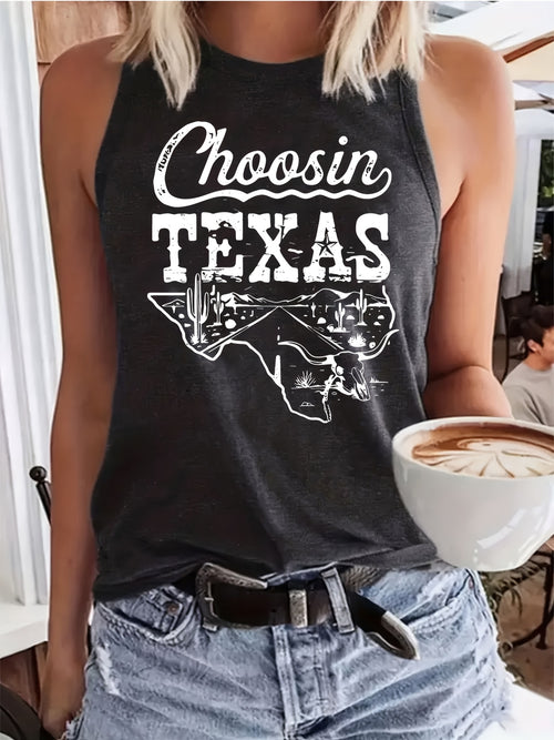 Women's Casual Sleeveless Tank Top with Texas Outline Design, Loose Breathable Opaque Fabric, Backless Round-Neck Lightweight T-Shirt, Machine Washable, for Women, Spring/Summer Outdoor Fashionable Shirt