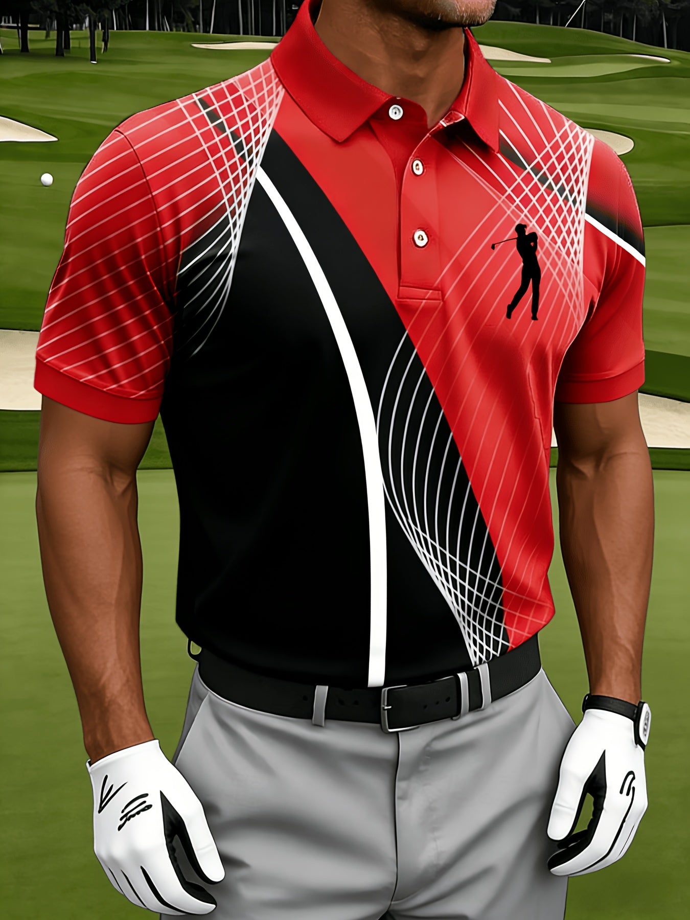 Men's Casual Sports Short Sleeve, Mesh Lines and Golf Pattern Print, Polyester Fabric Machine Washable, Breathable Regular Fit, Suitable for Daily Casual Sports Wear, PLUS SIZE