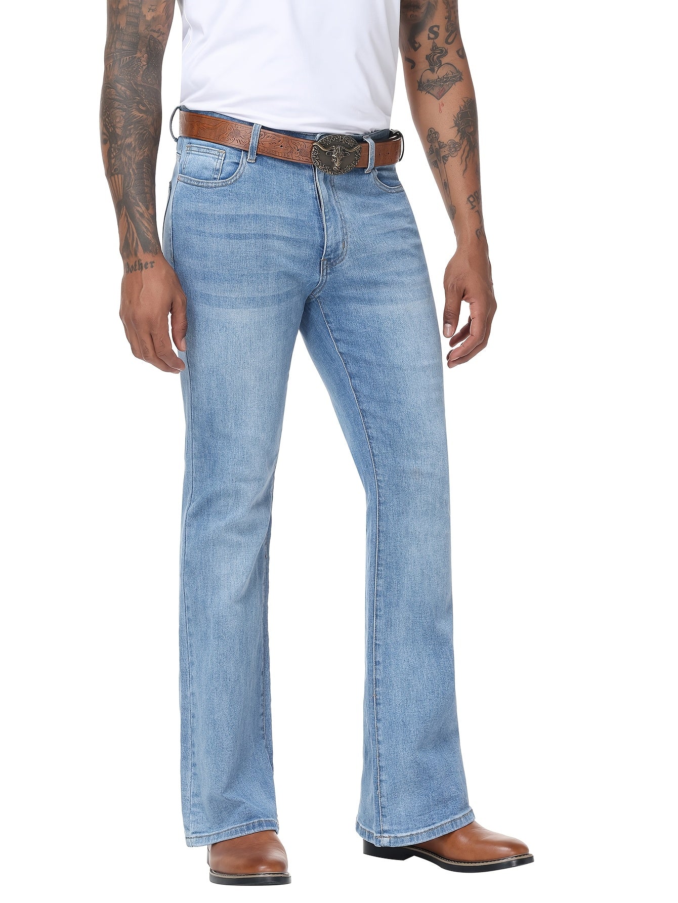 Men's Vintage 70s Retro Bell Bottom Jeans - Wide- Flare Pants with Mid-Stretch Blend, Beltless Suitable for Disco Parties, Night Out & Casual Attire, Machine Washable Mid-Rise Bottoms