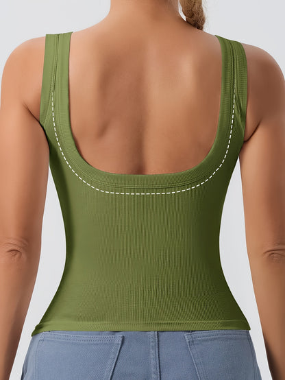 A Plain Scoop Neck Tank Top, Perfect for Casual Summer Wear, Featuring Removable Chest Padding for a Slim Fit, Designed for Women