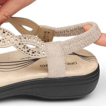 Women's Comfort Dressy Rhinestone Summer Beach Sandals Slip-on Flat Walking Orthopedic Sandals with Elastic Back Strap Soft & Cushioned Day-to-night wear Sandals