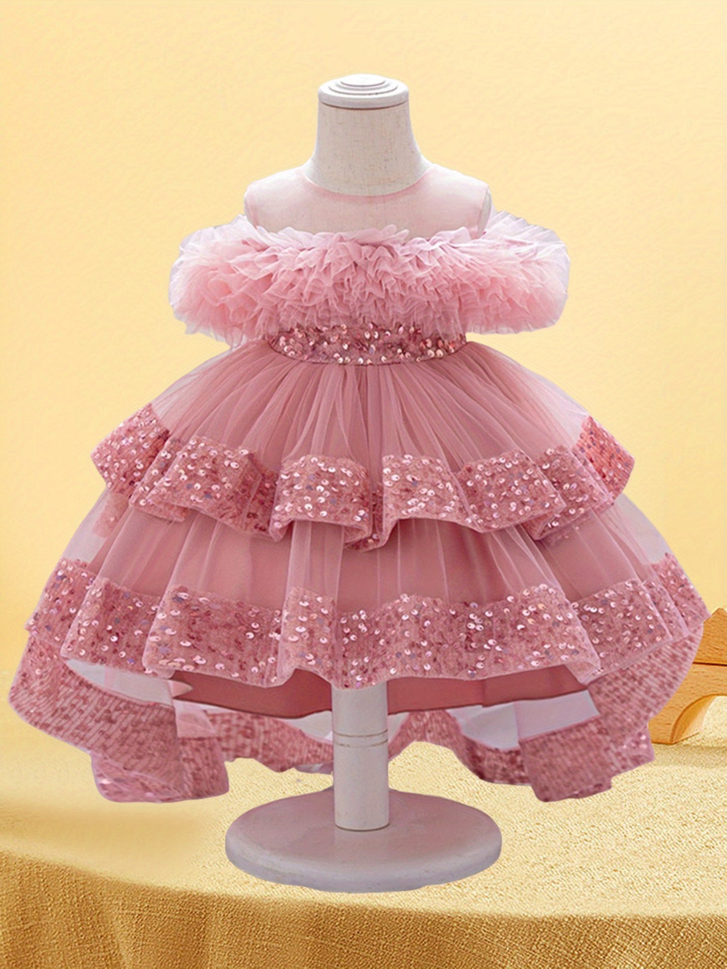 Kids Toddler Baby Girls Tulle Ball Gown Shiny Sequins Round Neck High Low Party Dresses for Birthday Wedding Dress