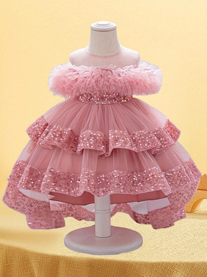 Kids Toddler Baby Girls Tulle Ball Gown Shiny Sequins Round Neck High Low Party Dresses for Birthday Wedding Dress
