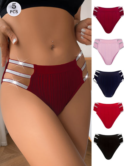 5pcs Ladies Sexy Hollowed Out Triangle Panties, Shiny Waistband Mix 5 Colours Fashion Trend Low Waist Underwear, Mature And Elegant Comfortable Soft And Breathable High Elasticity Brief