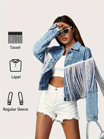 [Denim Jacket] Fringe Patchwork Decor Denim Jacket, Long Sleeves Single Breasted Button Lapel Denim Coat, Women's Denim Clothing - Perfect for Carnaval Music Festival