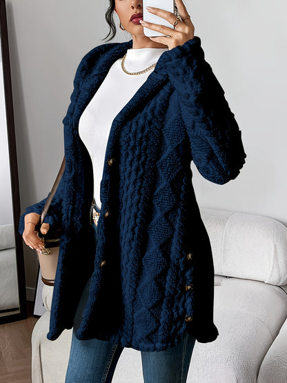 Hooded Fuzzy Coat Mid-Length Jacket with Buttons Soft Warm Winter Fall Outfits 5 Colors