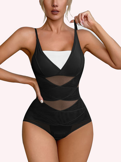High-Waisted Body Shaping Bodysuit For Women - Sleek Black, Deep V Neck, Cross Support Back, Firm Tummy Control, Postpartum, Solid Color, Hand Washable, Removable Pads, Smoothing Silhouette, Confidence Boosting