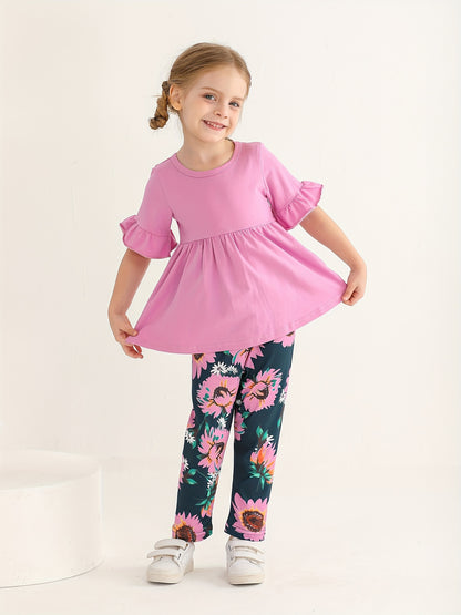 KuKitty Toddler Baby Girl Clothes Solid Color Flared Sleeve Ruffle Tops Sunflower Print Pants Outfits Set, Perfect for Outdoor
