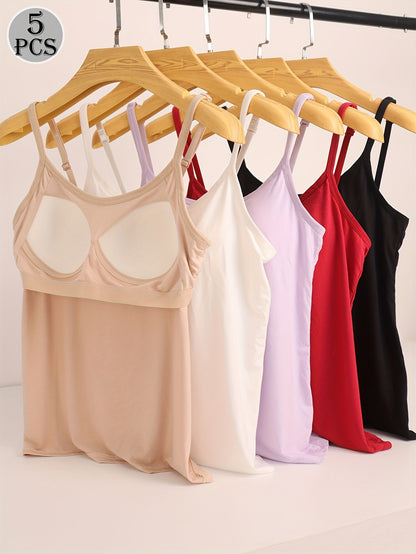 5-Piece Women's Built-in Bra Padded Camisole Tank Tops - Seamless Longline Tops, Soft Stretch Fabric, Solid Colors Pink/White/Gray/Black/Beige, Suitable for Layering and Daily Wear, Versatile Strapless Vest, Smooth Texture Basic Style