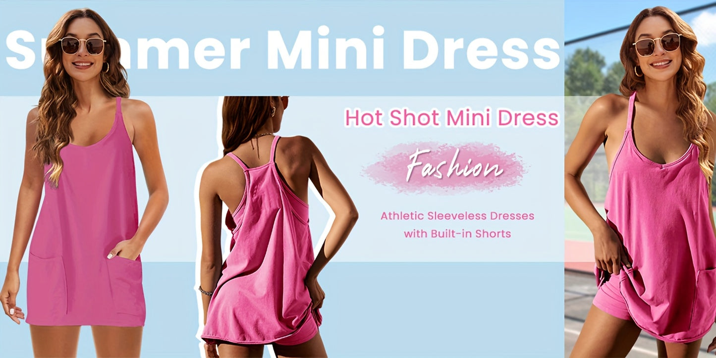Women'S Summer Sleeveless Mini Dress, Style with Thin Straps, Short Dress Featuring Pockets