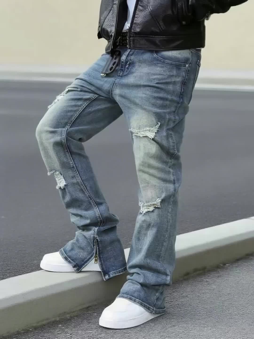 Men's Straight-leg Distressed Jeans- Mid-rise, Stretch Blend, Leg Zipper Design, Street Style, Ripped Details, Comfortable and Versatile, Suitable Trendy Outfits, Stylish Long Pants Slim-fit Jeans Durable Fabric