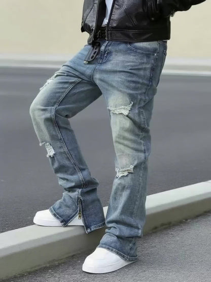 Men's Straight-leg Distressed Jeans- Mid-rise, Stretch Blend, Leg Zipper Design, Street Style, Ripped Details, Comfortable and Versatile, Suitable Trendy Outfits, Stylish Long Pants Slim-fit Jeans Durable Fabric