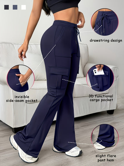 Women'S Functional Flare Cargo Pants, High Waist Elastic Drawstring Bootcut Leggings With Multi-Pockets, Stretchy All-Purpose & Casual Pants