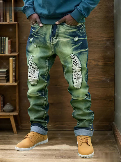 European And American Fashion Trends! Men's Slim Fit Jeans with Trendy Distressed Design, Elastic Fabric, Slim Fit with Elasticity, Street Style Pants, Suitable for All Seasons