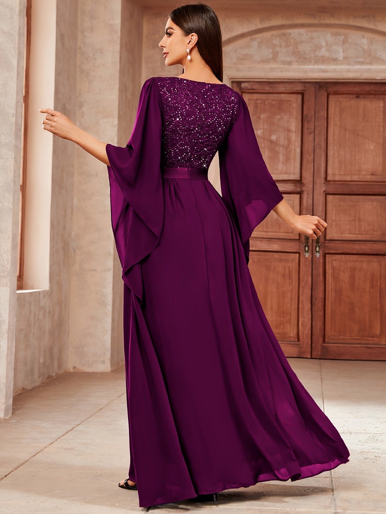 53303 Elegant Women's Lace & Sequin Bridesmaid Dress - A-Line Maxi Wedding Gown with 3/4 Bell Sleeves, V-Neck Color-Block (Bodice &), Machine Washable Bridesmaids Gown for Weddings, Parties, Prom