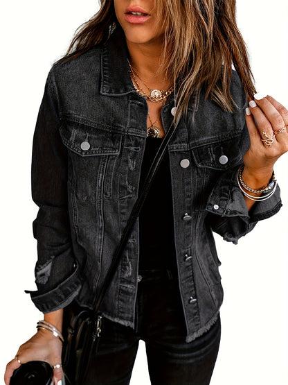 Women's Ripped Washed Button-Up Boyfriend Denim Jacket Coat with Pockets, Casual Classic Distressed Denim Outerwear TZ001