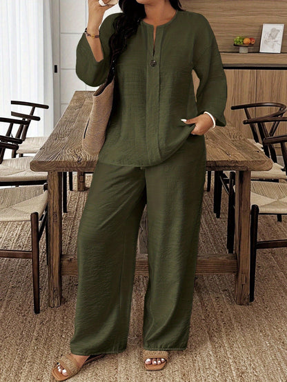 Plus Size, Autumn And Winter New Style, Plus Size Women's Casual Long-sleeved Shirt And Loose Pants 2pcs Set