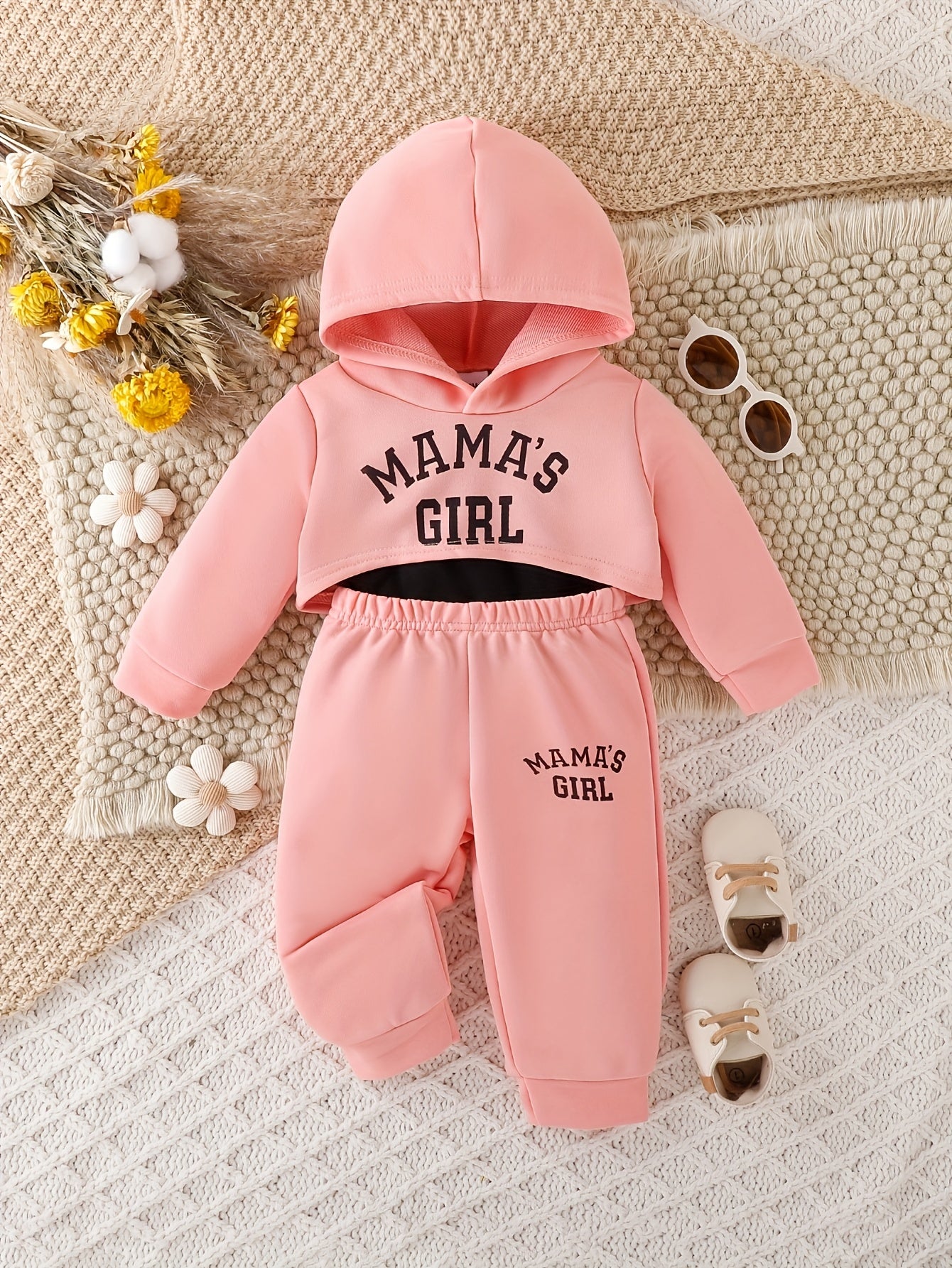 3pcs Layette Set for Youngsters - "Mama's Girl" Pink Hoodie, Cami Top & Jogger Pants with Drawstring Waist, Casual Knit Fabric Outfit for Fall/Winter, Casual Wear|Playful Design|Stretchy Materia, for Outdoor, Perfect for Outdoor