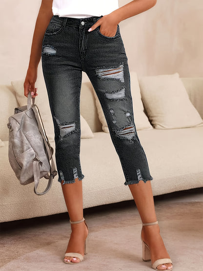 Women's High-Waisted Stretch Denim Capri Pants - Mid-Rise Slim Fit Straight-Leg Ripped Jeans with Distressed Details, Machine Washable Streetwear Style for All-Season Casual Wear