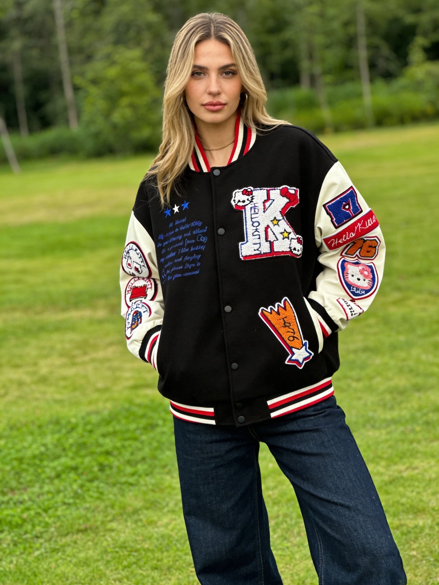 for sanrio Licensed Women'S Jacket Featuring Hello Kitty And Kuromi Patches - Lightweight Spring And Autumn Coat, Cute Anime Character Outerwear, Perfect For Parties And Everyday Wear - Iconic Brand Accessories (a Must-have For Sanrio Fans)