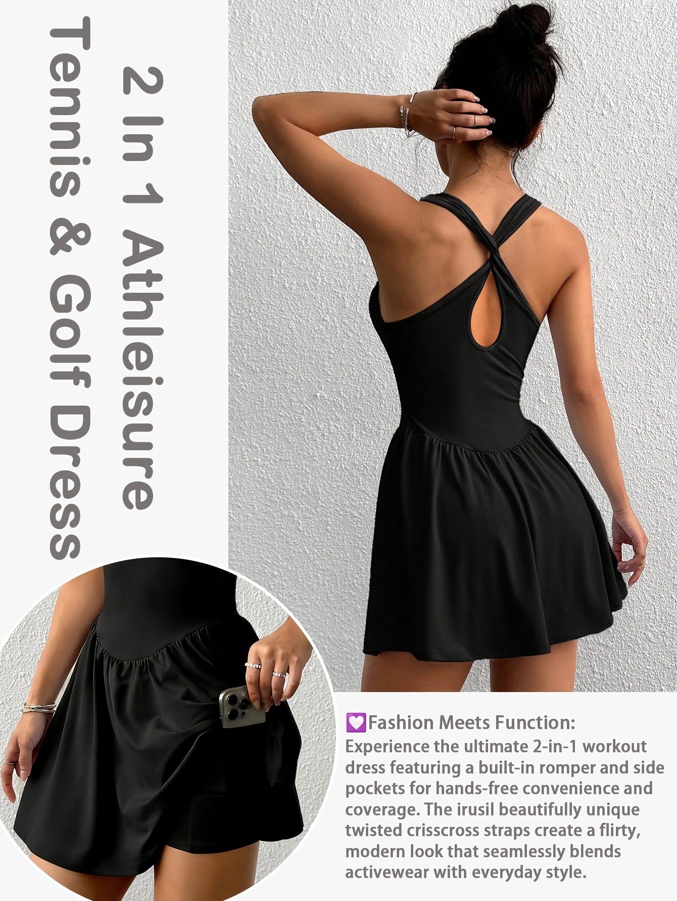Womens Sleeveless 2-in-1 Athletic Tennis Golf Dress, Underneath Workout Dresses With Built-in Shorts Pocket, Workout Jumpsuits For Women Tummy Control With Double Lined Outfits.