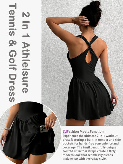 Womens Sleeveless 2-in-1 Athletic Tennis Golf Dress, Underneath Workout Dresses With Built-in Shorts Pocket, Workout Jumpsuits For Women Tummy Control With Double Lined Outfits.