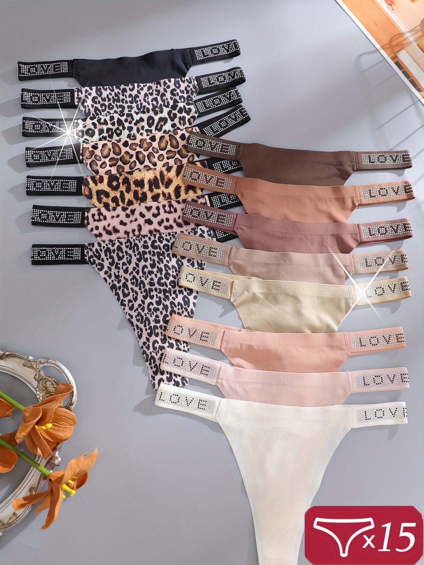 15pcs Pack Women' Ice Thong Panties - Low-Rise -String Underwear with Leopard Print & Hollow-Out Briefs, Soft Comfortable Non-Sheer Suitable for Casual Attire, Hand Washable Sexy Briefs
