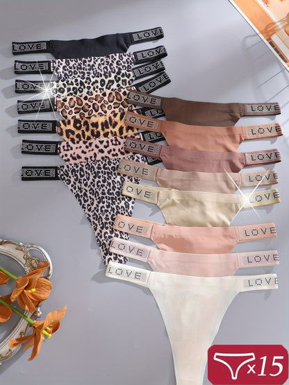 15pcs Pack Women' Ice Thong Panties - Low-Rise -String Underwear with Leopard Print & Hollow-Out Briefs, Soft Comfortable Non-Sheer Suitable for Casual Attire, Hand Washable Sexy Briefs