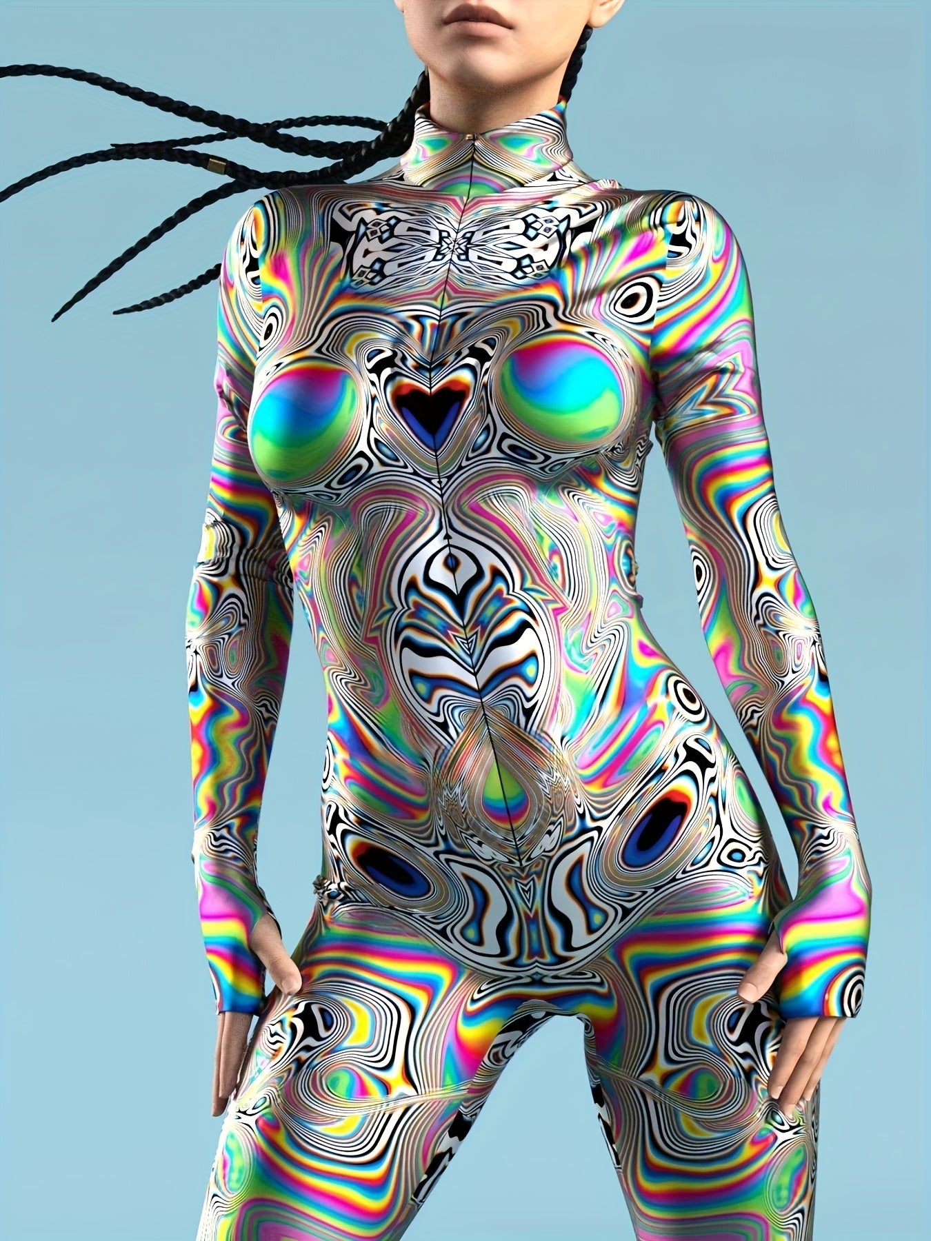 Stretchy Spandex Psychedelic Fractal Print Bodysuit for Women - High-Neck, Long Sleeve, Costume for Halloween & Cosplay Parties