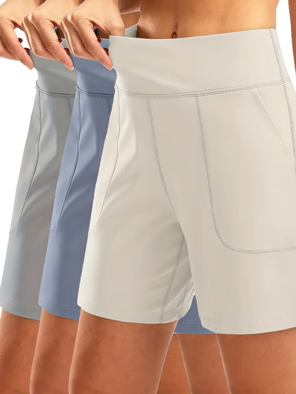 3pcs Women's Elastic-Waist Loose-Fit Casual Sports Shorts with Pockets - Mid-Stretch Breathable Fabric, Solid Color for Gym, Yoga & Casual Attire - Elegant Special Collection, Gym Apparel | Functional Pockets | Stretchable Fabric