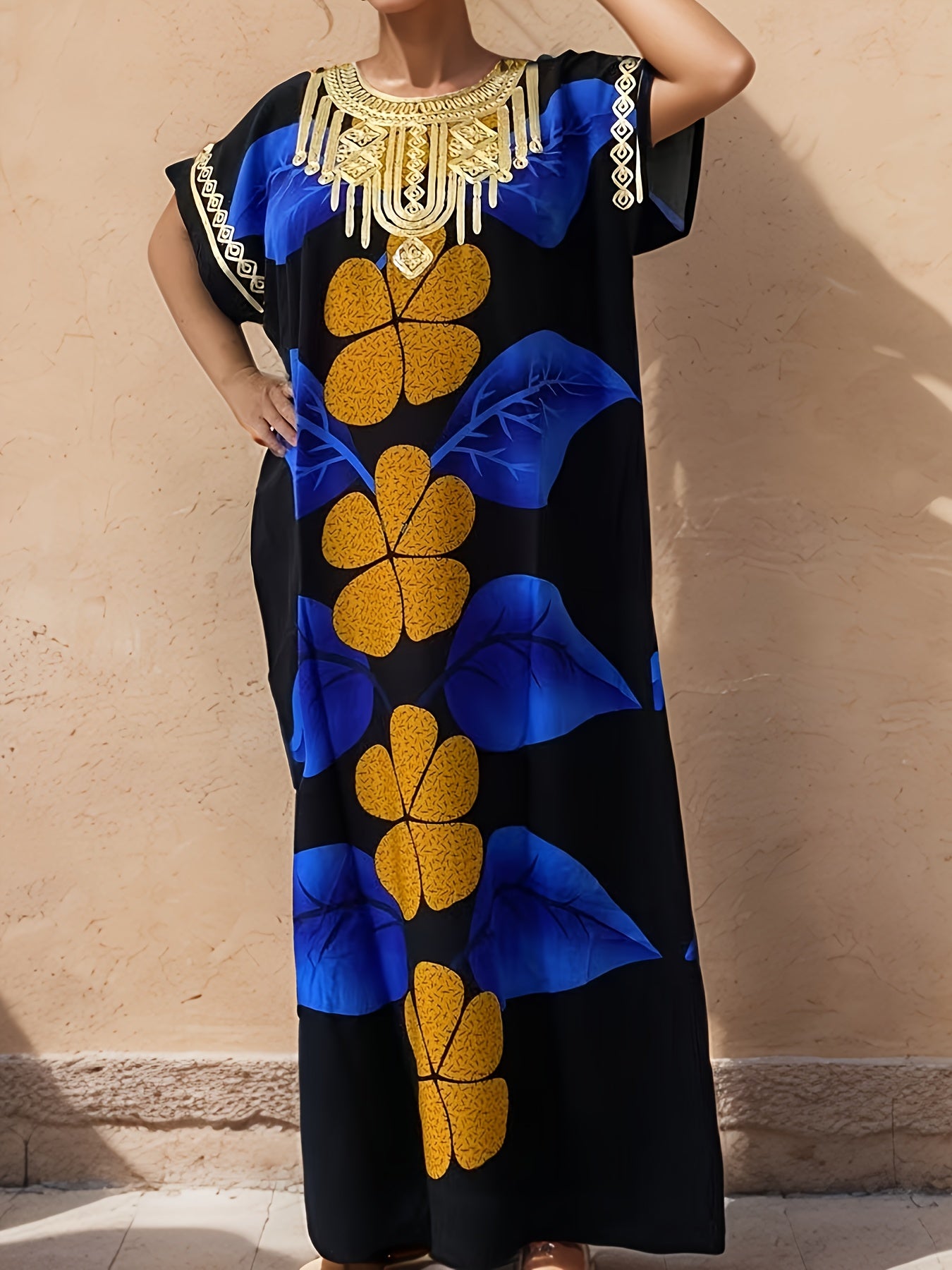 Plus-Size Floral Print Kaftan Dress for Ramadan, Elegant Round-Neck Short-Sleeve Gown for Middle Eastern Women, Women'S Plus-Size Clothing.
