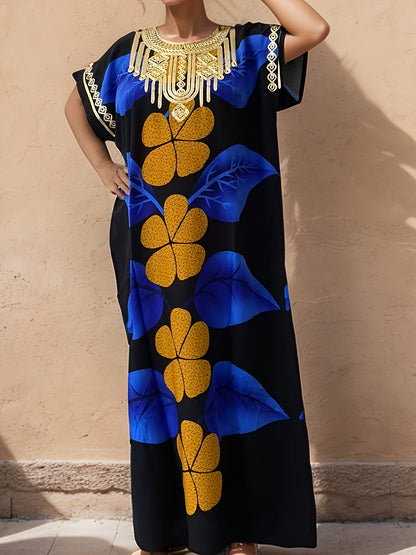 Plus-Size Floral Print Kaftan Dress for Ramadan, Elegant Round-Neck Short-Sleeve Gown for Middle Eastern Women, Women'S Plus-Size Clothing.