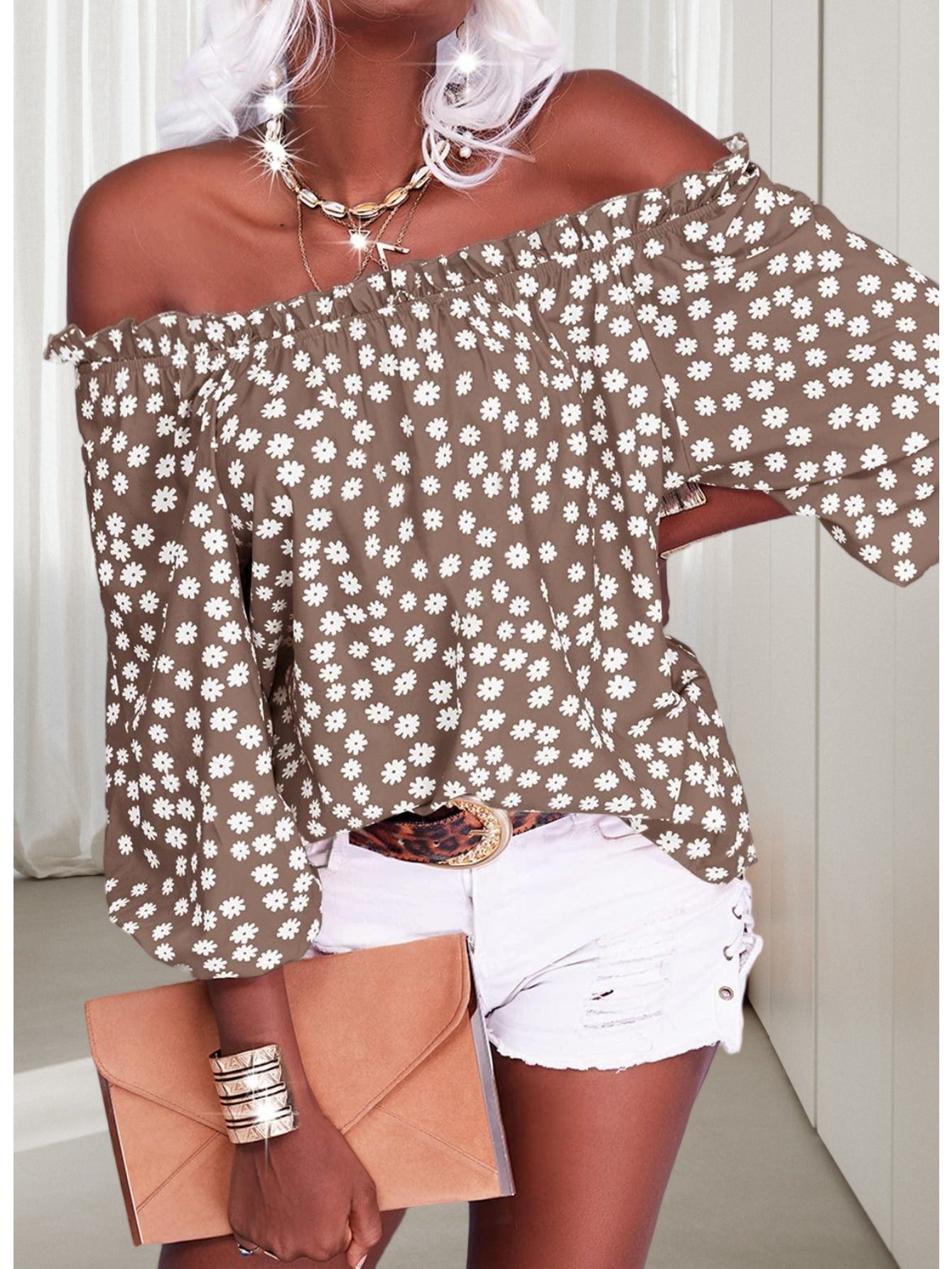 Womens Summer Off Shoulder Blouse Floral Print 3/4 Sleeve Casual Chiffon Tops Shirts