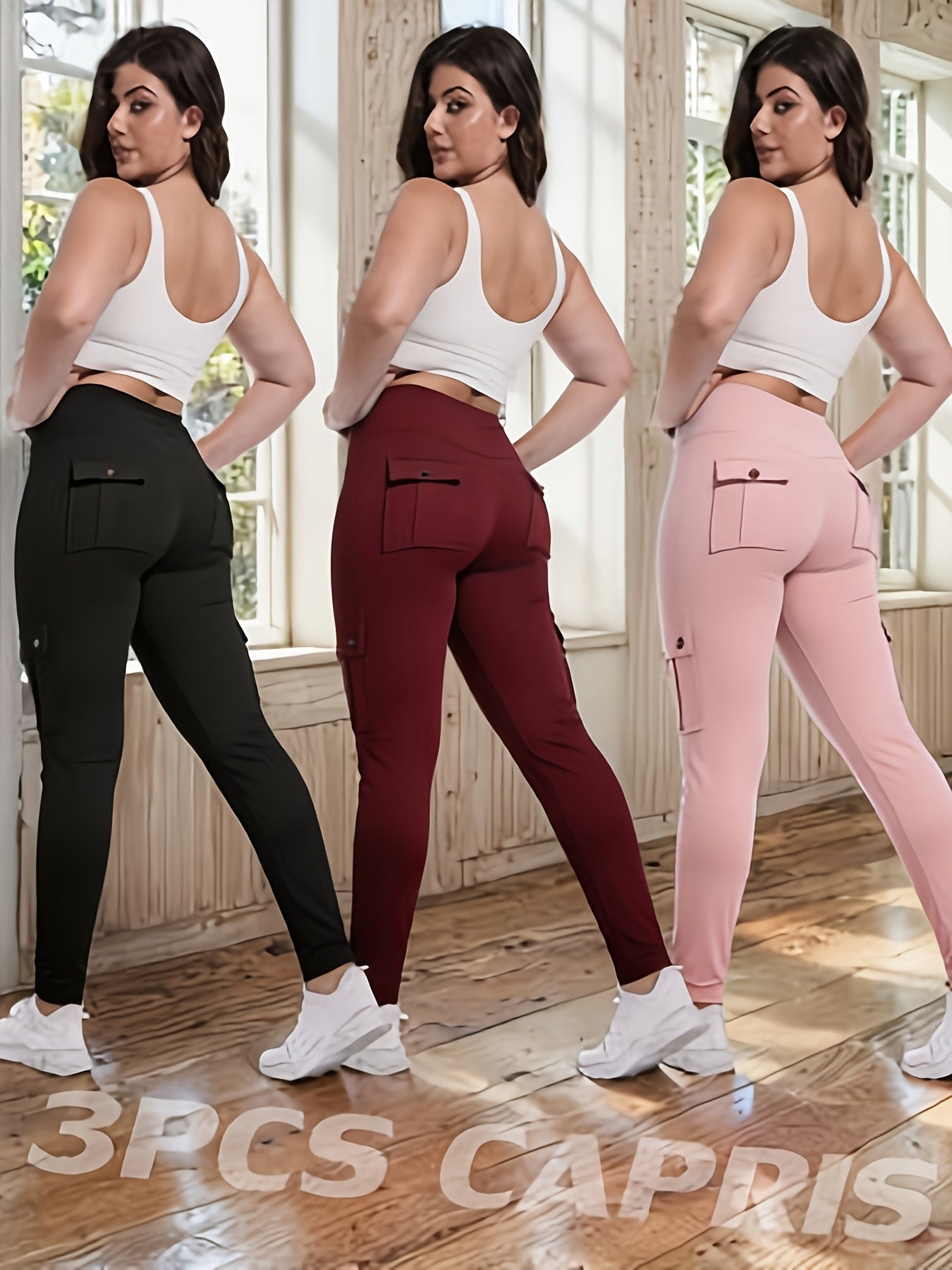 3-Pack High Waisted Cargo Yoga Pants With Slide Pockets - Tummy Control, 4 Pockets, Breathable 4-Way Stretch, Moisture Wicking, Perfect For Running, Gym & Yoga Lovers