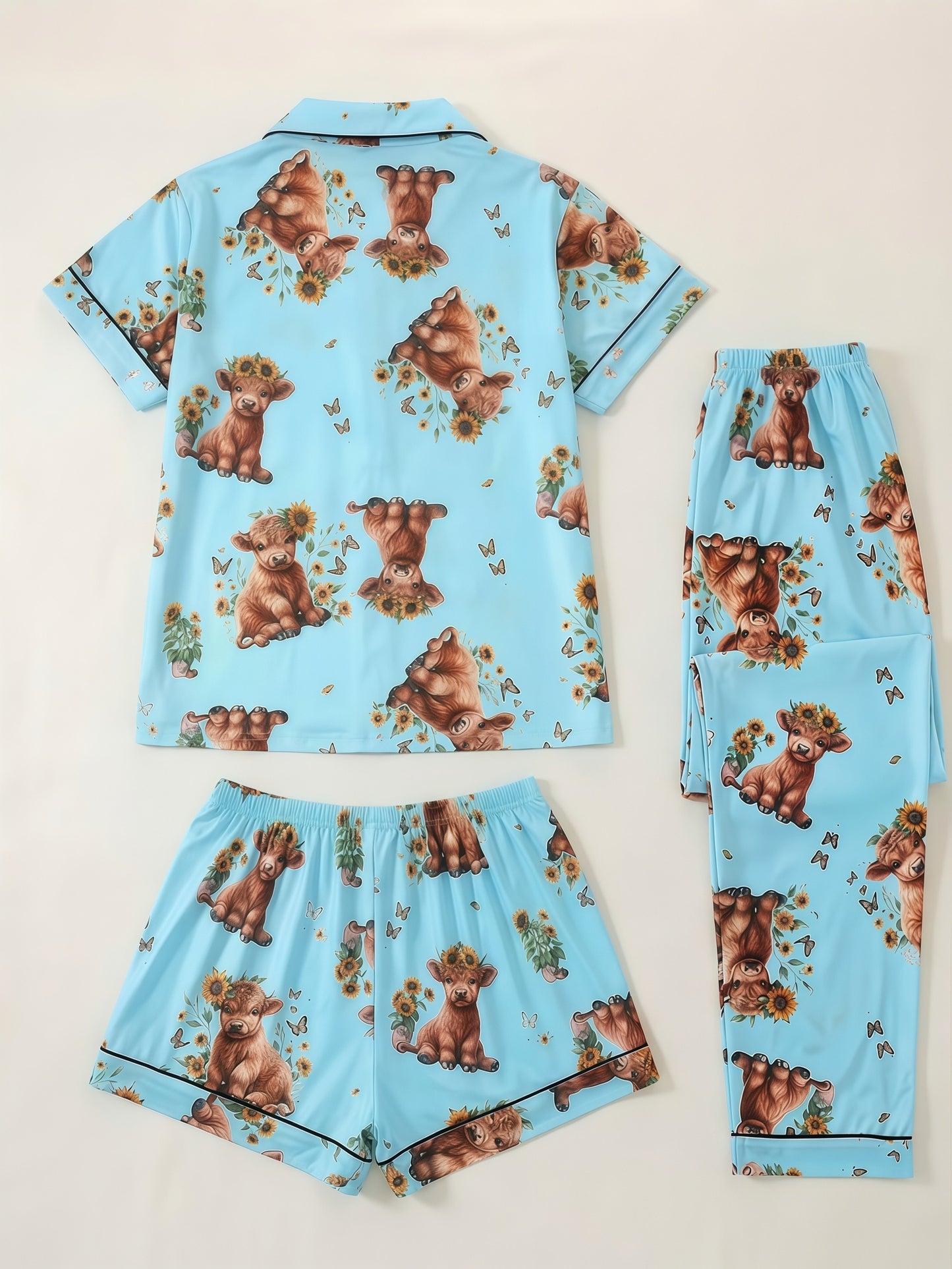 [3pcs Women's Pajama Set] 3pcs Casual Women's Pajama Set | Features A Lapel Collar, Short-sleeved Top with Button Closure, Paired with Shorts And Long Pants, Adorned with Floral And Cow Patterns. Comfortable Loungewear Suitable for All Seasons