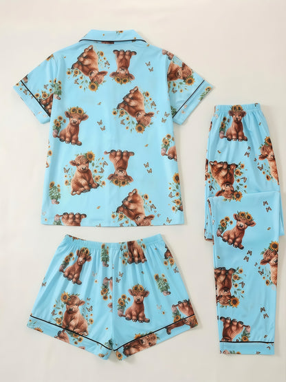 [3pcs Women's Pajama Set] 3pcs Casual Women's Pajama Set | Features A Lapel Collar, Short-sleeved Top with Button Closure, Paired with Shorts And Long Pants, Adorned with Floral And Cow Patterns. Comfortable Loungewear Suitable for All Seasons